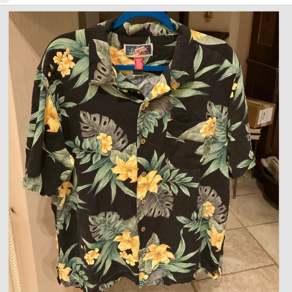 La Cabana Men's Adult Tropical Hawaiian Shirt Top Large Black With Yellow Floral